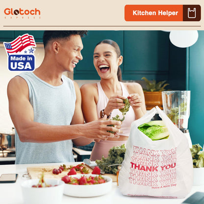 Glotoch Plastic Thank You Bags 1000 Count, 12" x 6.5" x 21" White Grocery Bags with Handles for Restaurant, Retail, Grocery Store, Takeout, Convenience Stores, T-shirt Shopping Bag in Bulk