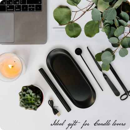 Exquisite Candle Accessories Tool Pack Bag, Rechargeable Electric Lighter， Wick Trimmer, Dipper, Snuffer and Tray Holder Elegant Kit Gift for Candle Lovers in Dating, Valentines Decor. ( Lemon Gold )