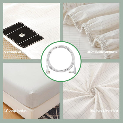 GLUYOHEY Grounding Fitted Sheets, Queen Size, 90% Organic Cotton + 10% Pure Silver Fiber, Earthing Bed Sheet with Connect Cord, Conductive Grounding Sheet for Better Sleep, Off White