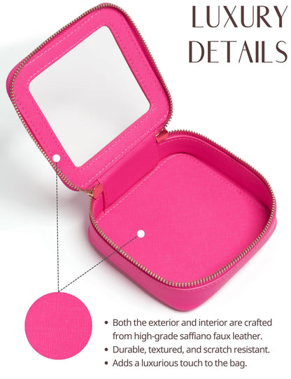 Mini Makeup Bag Clear Small Travel Cosmetic Case Leather Cute Hot Pink Pouch for Purse Organizer Make Up Bag for Women Car Toiletry Bag with Zipper for School