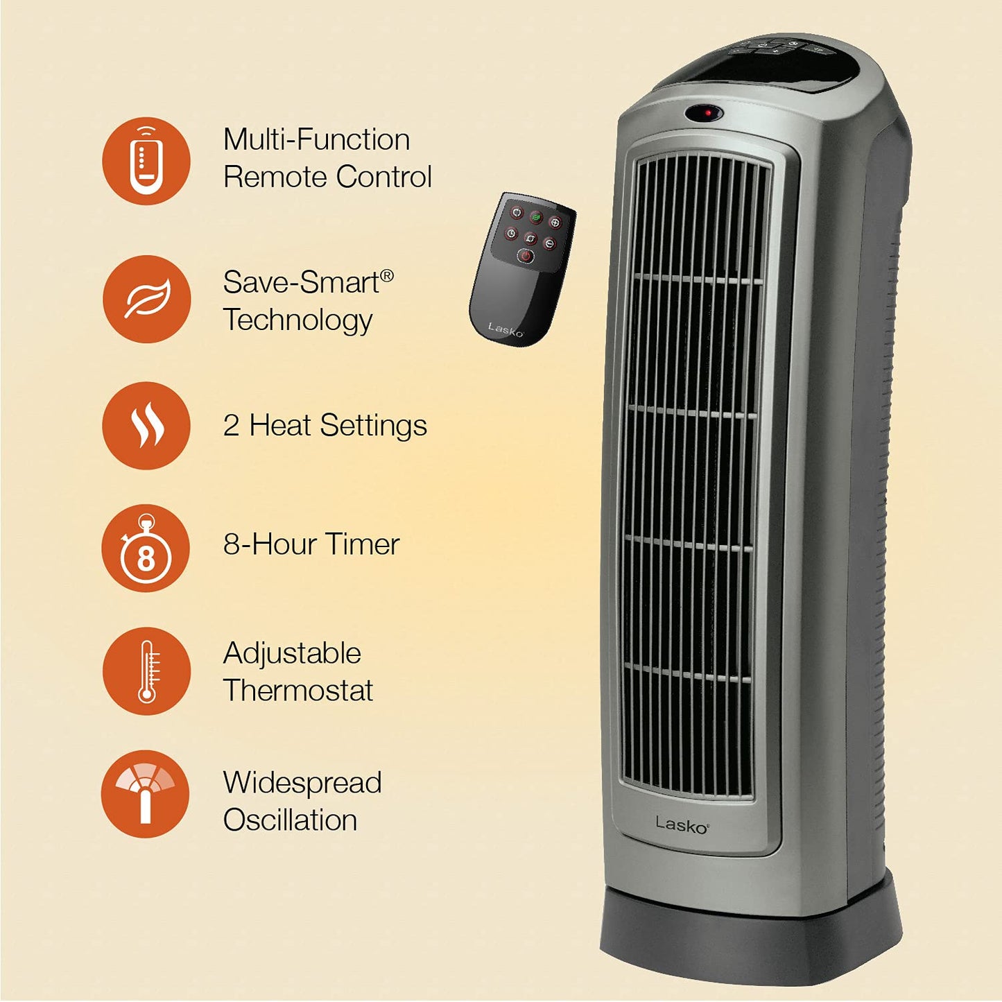 Lasko Portable Oscillating Ceramic Space Heater Tower with Digital Display, Remote Control, 2 Heat Settings and 8 Hour Timer, Gray