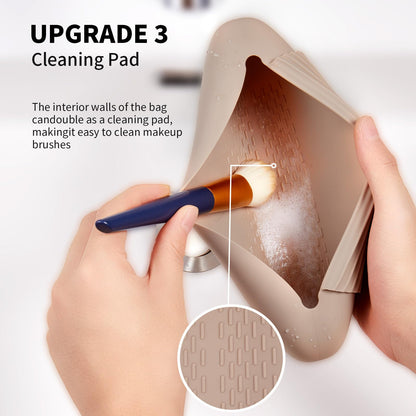 AGIKET Silicone Makeup Brush Holder Travel Cosmetic Bag：Soft Portable Cosmetic Face Brushes Holder with Upgrade Anti-Fall Out Magnetic Closure, Large Travel Makeup Brush Case - Walnut