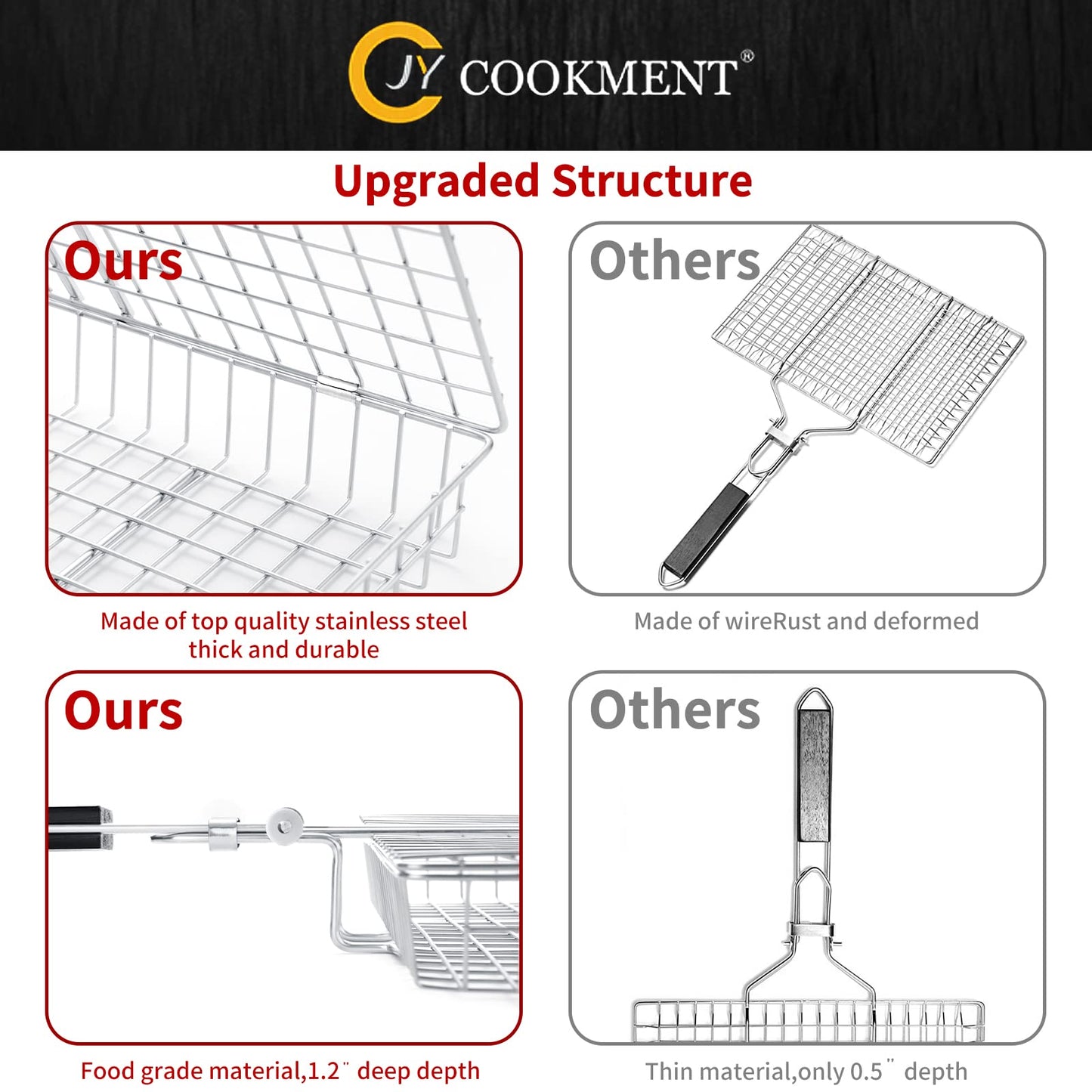 JY COOKMENT Grill Basket Stainless Steel with Portable Removable Handle, Grilling Basket-BBQ Accessories for Vegetable, Shrimp, Fish, Steak and Outdoor Use-Dishwasher Safe