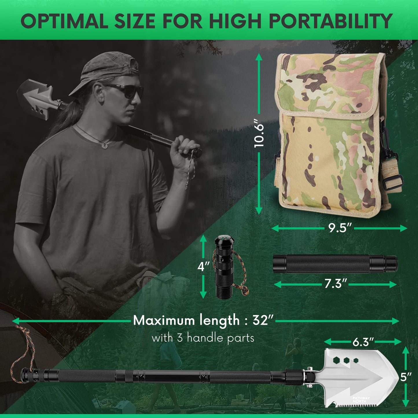 Pathway North Survival Shovel Stainless Steel Folding Multi-Tool Survival Flashlight – Equipment for Outdoor With Self Defense Hiking Stick Hunting Emergency Survival Kit For Backpacking, Camping Gear