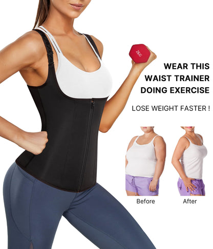 Nebility Women Waist Trainer Corset Zipper Vest Body Shaper Cincher Tank Top with Adjustable Straps (L, Black)