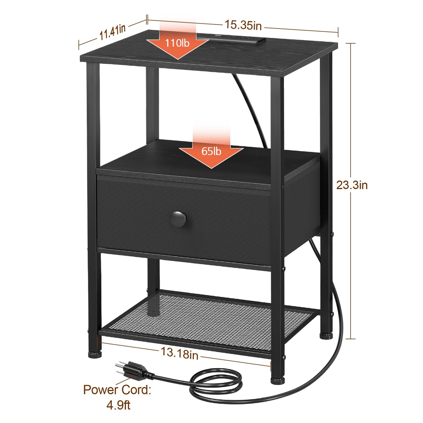LOAKEKEL Night Stand Set 2, LED Nightstand with Charging Station, End Tables Living Room with Fabric Drawer, Small Side Tables for Bedroom, Small Space, Black, HETS01BK