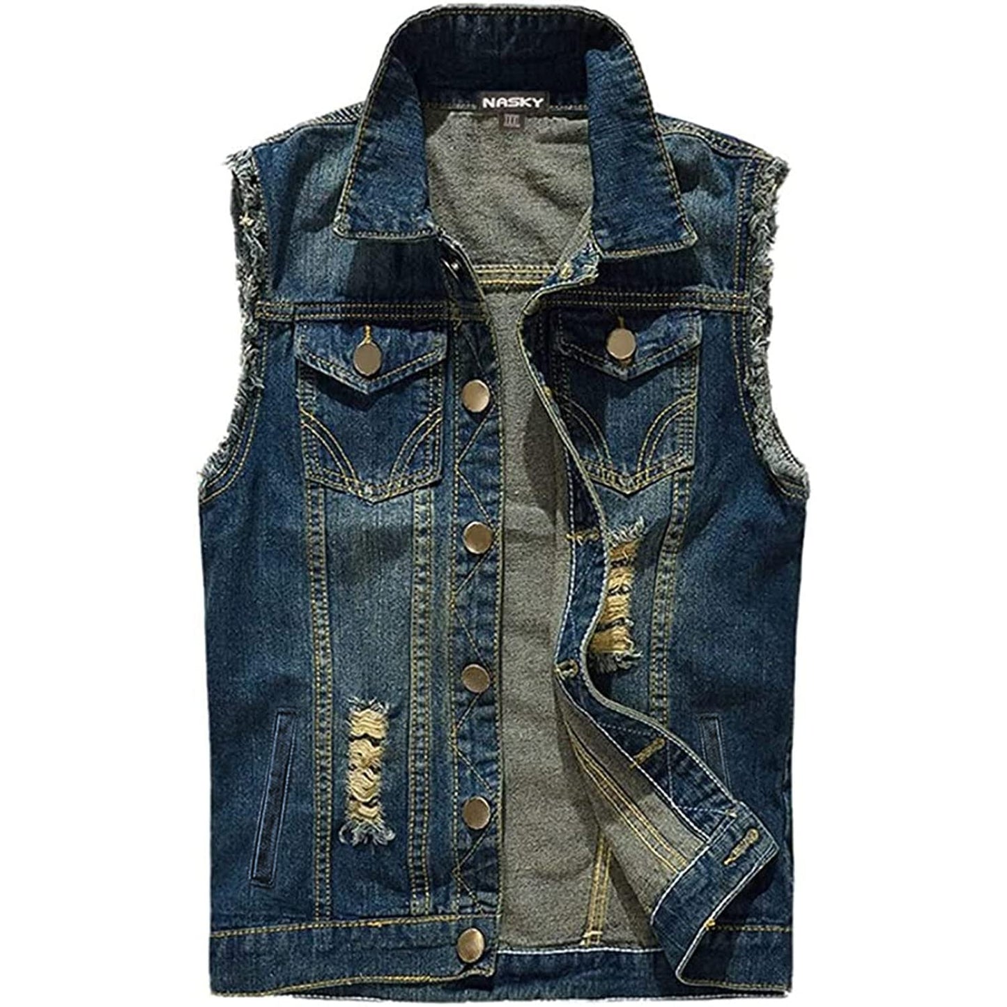 NASKY Men's Fit Retro Ripped Denim Vest Sleeveless Lapel Jean Vest Jacket Waistcoat Top(Small,Dark blue)