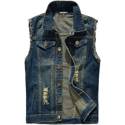 NASKY Men's Fit Retro Ripped Denim Vest Sleeveless Lapel Jean Vest Jacket Waistcoat Top(Small,Dark blue)