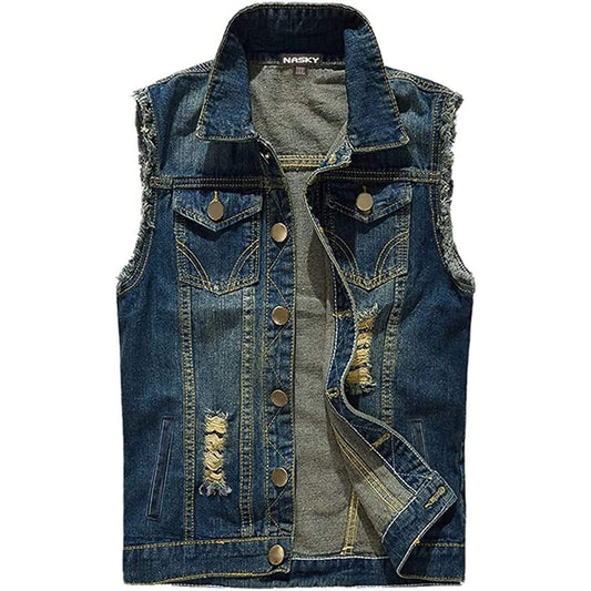 NASKY Men's Fit Retro Ripped Denim Vest Sleeveless Lapel Jean Vest Jacket Waistcoat Top(Small,Dark blue)