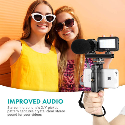 Movo Vlog Kit V7 - YouTube Starter Kit with Grip, Stereo Microphone, Light and Wireless Remote Vlogging Kit for iPhone for YouTube, TikTok, Vlogging Equipment for iPhone/Android - iPhone Vlogging Kit