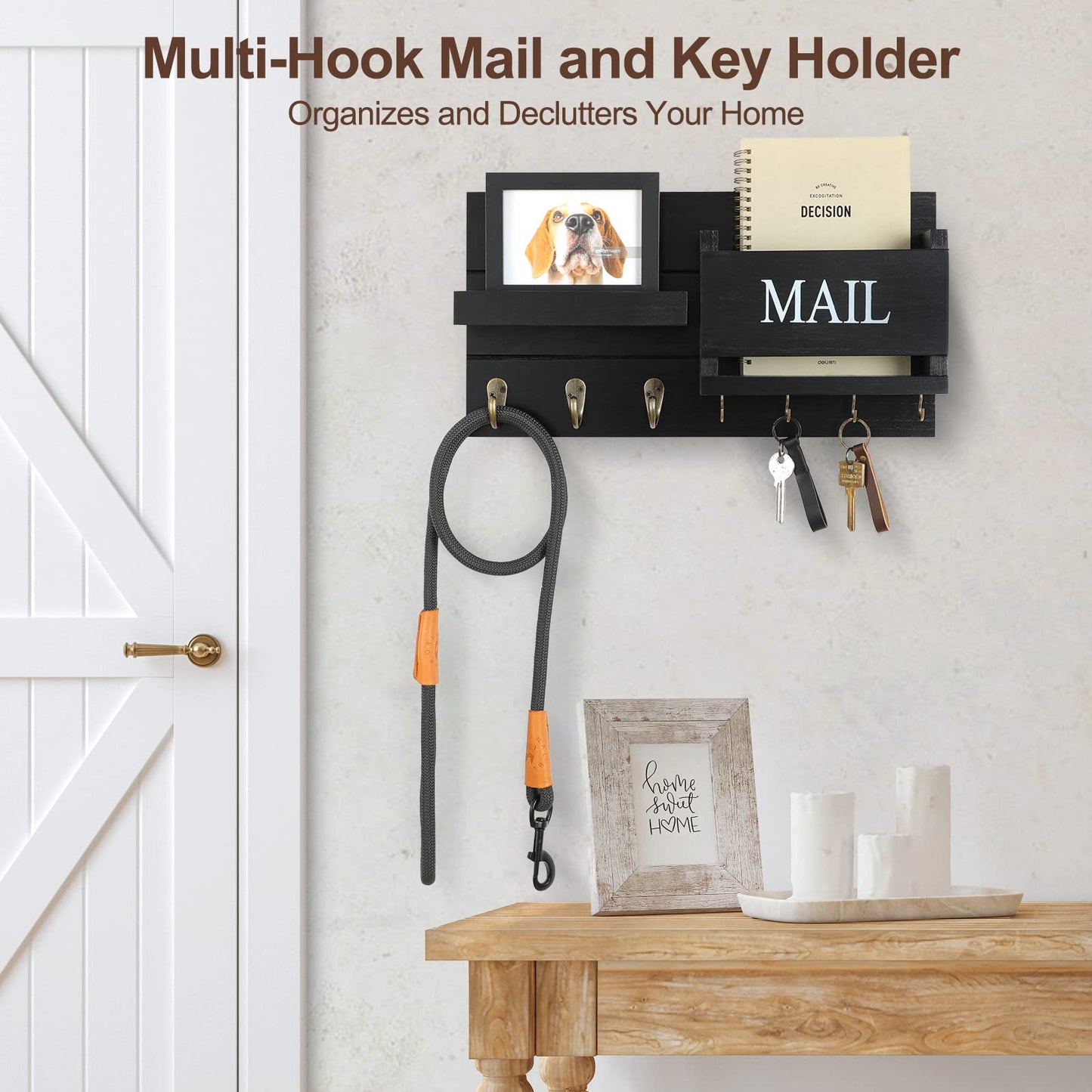 Lwenki Mail Organizer for Wall Mount – Key Holder with Shelf Includes Letter Holder and Hooks for Hallway Farmhouse Decor – Rustic Wood with Flush Mounting Hardware (16.5” x 9.1” x 3.4”) (Black)