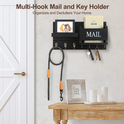 Lwenki Mail Organizer for Wall Mount – Key Holder with Shelf Includes Letter Holder and Hooks for Hallway Farmhouse Decor – Rustic Wood with Flush Mounting Hardware (16.5” x 9.1” x 3.4”) (Black)