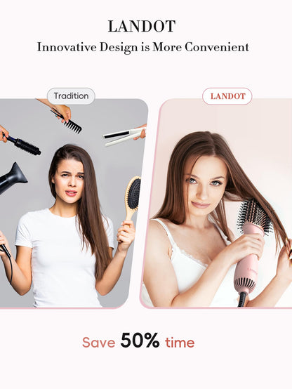 LANDOT Hair Blow Dryer Brush: One-Step Hot Air Brush with 60mm Oval Barrel - 4 in 1 HairDryer Styler and Volumizer for Drying Straightening Curling Volumizing Hair Fight Frizz and Add Volume