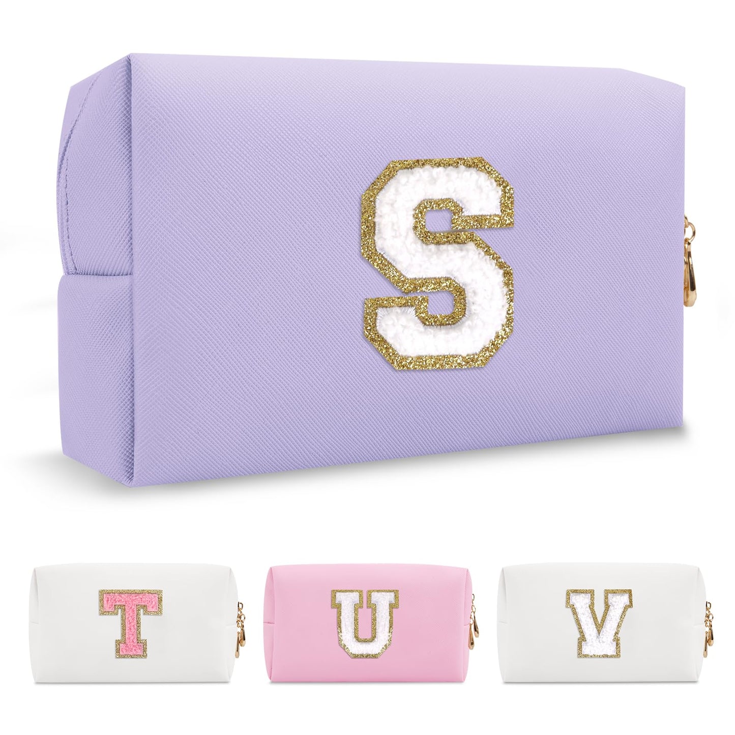 Personalized Makeup Bag Initial A-Z Preppy Patch Bag,Small PU Leather Travel Cosmetic Bag Pouch with Zipper,Purple Cute Toiletry Bag,Gift Ideal for Teen Girls Women Birthday Friend Mom,Latter S