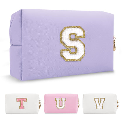 Personalized Makeup Bag Initial A-Z Preppy Patch Bag,Small PU Leather Travel Cosmetic Bag Pouch with Zipper,Purple Cute Toiletry Bag,Gift Ideal for Teen Girls Women Birthday Friend Mom,Latter S