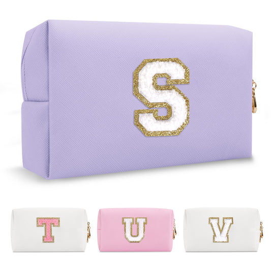 Personalized Makeup Bag Initial A-Z Preppy Patch Bag,Small PU Leather Travel Cosmetic Bag Pouch with Zipper,Purple Cute Toiletry Bag,Gift Ideal for Teen Girls Women Birthday Friend Mom,Latter S