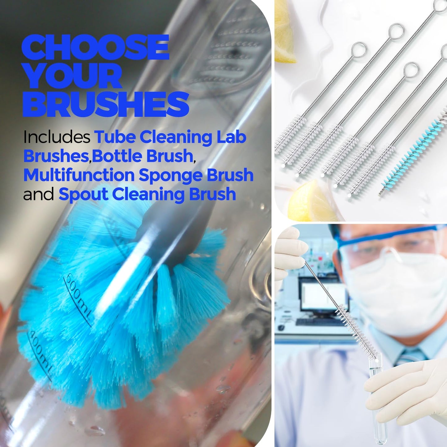 Holikme Bottle Brush Tube Cleaning Lab Set with Long Handle, Cup Cleaner for Washing Narrow Neck Beer Wine Decanter Pipes Lids Sinks Cap Covers, White