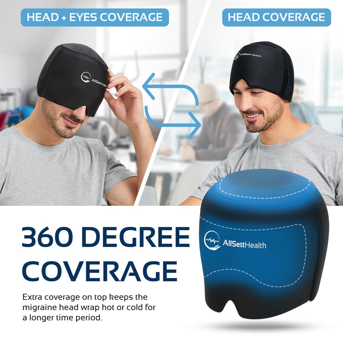 Migraine Relief Cap Ice Head Wrap and Hat | Hot/Cold Gel Pack with Face and Eye Mask Compress for Headache Relief - Black