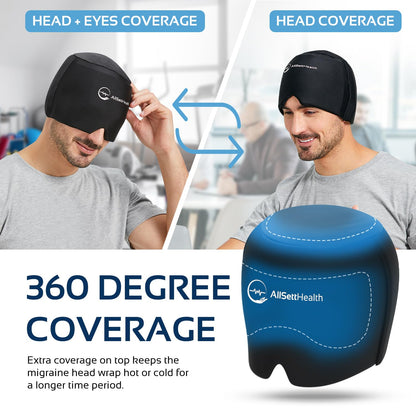 Migraine Relief Cap Ice Head Wrap and Hat | Hot/Cold Gel Pack with Face and Eye Mask Compress for Headache Relief - Black