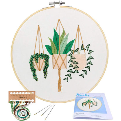 KISSBUTY Full Range of Embroidery Starter Kit with Pattern, Cross Stitch Kit Including Embroidery Fabric with Plant Pattern, Bamboo Embroidery Hoop, Color Threads and Tools Kit (Epipremnum Aureum)