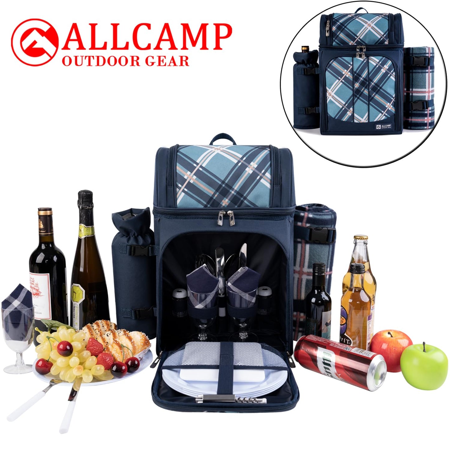 ALLCAMP Picnic Basket Backpack Cooler for 2 Person with 2 Insulated Cooler Compartment,Detachable Bottle/Wine Holder, Fleece Blanket, Plates and Cutlery for Family,Couple and Friend Gatherings (Blue)