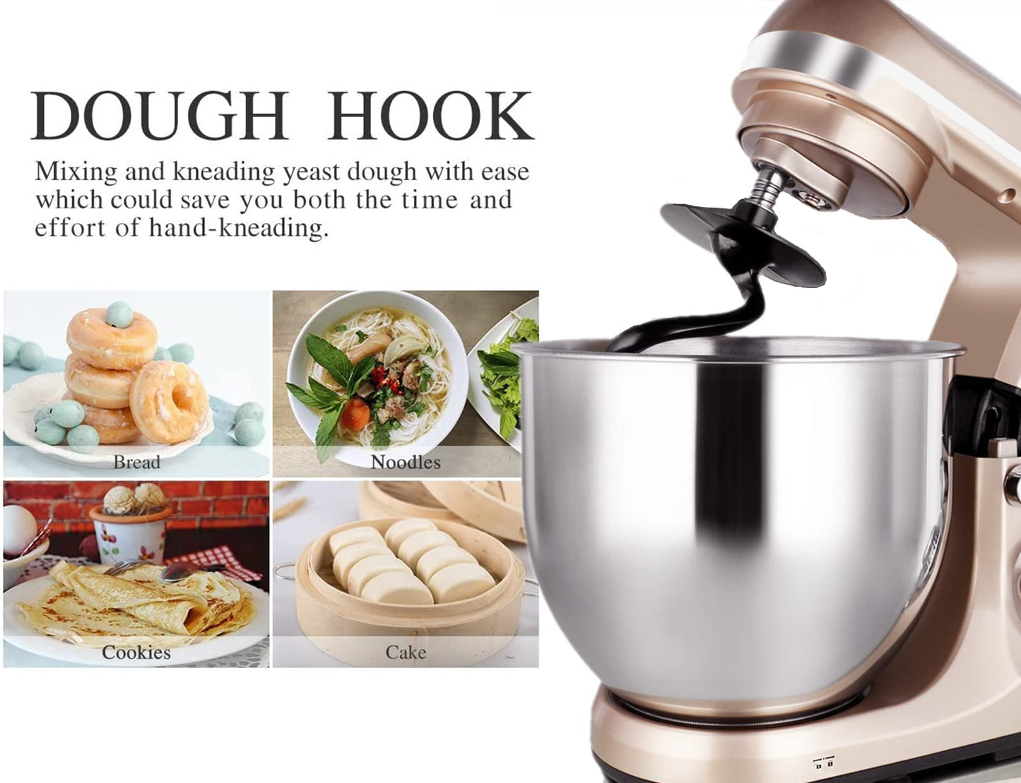 MURENKING Professional Stand Mixer, 6-Qt with Timer, MK37 500W 6-Speed Tilt-Head Food Electric Mixer Kitchen Machine,Plastic (Champagne)