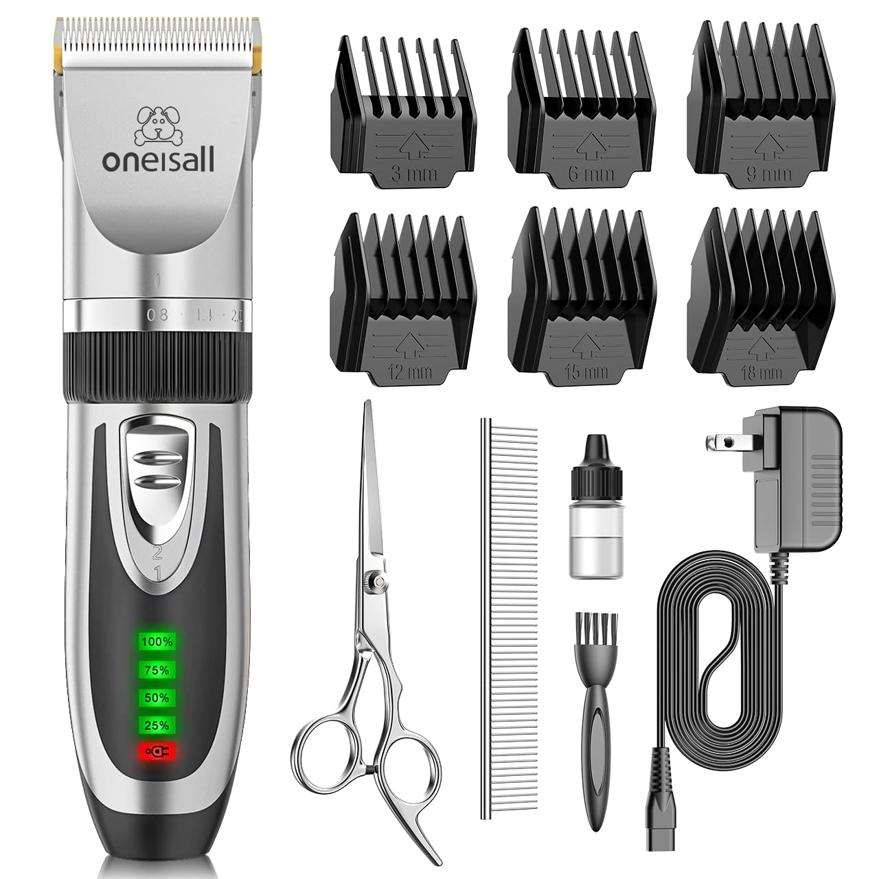 oneisall Low Noise 2-Speed Quiet Dog Grooming Kit - Rechargeable Cordless Pet Hair Clipper Trimmer Shaver for Small and Large Dogs, Cats and Animals (Silver)