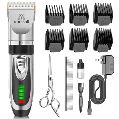 oneisall Low Noise 2-Speed Quiet Dog Grooming Kit - Rechargeable Cordless Pet Hair Clipper Trimmer Shaver for Small and Large Dogs, Cats and Animals (Silver)
