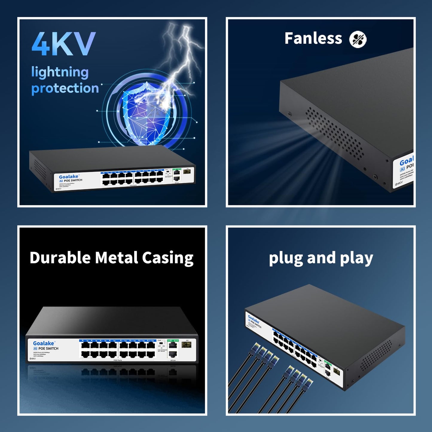 19-Port Ethernet PoE Switch, 16 PoE+ Ports @240W, 2 Uplink Gigabit Ports + 1 Combo SFP Slots, Metal Plug and Play, AI Extend &Vlan, Fanless, Overload Protection