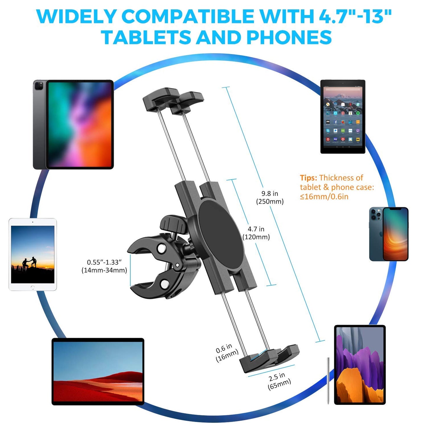 KDD Spin Bike Tablet Holder Mount, Phone iPad Holder Stand Exercise Bike Handlebar Mount for Stationary Bicycle, Treadmill, Microphone Stand, Fit for iPad Pro 12.9, Galaxy Tabs, iPhone(4.7-13”)