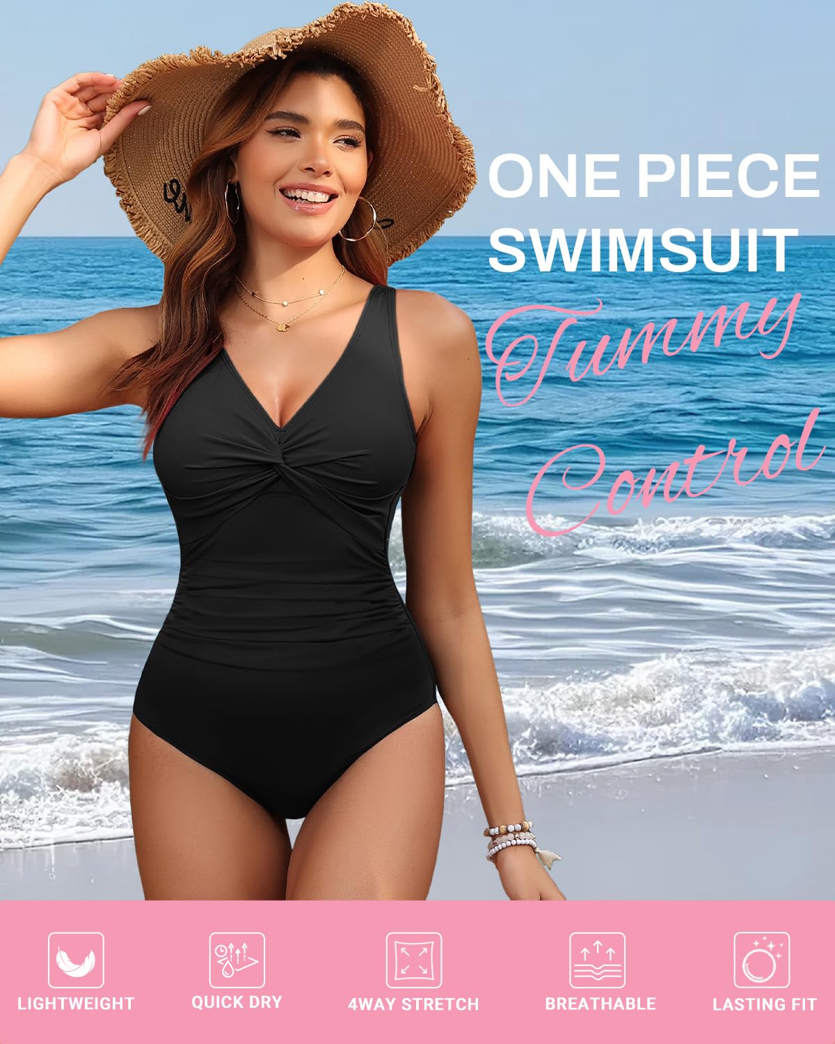 Holipick Black Women Tummy Control One Piece Swimsuit - Push Up Bathing Suit Full Coverage Slimming Swimwear M