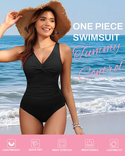 Holipick Black Women Tummy Control One Piece Swimsuit - Push Up Bathing Suit Full Coverage Slimming Swimwear M