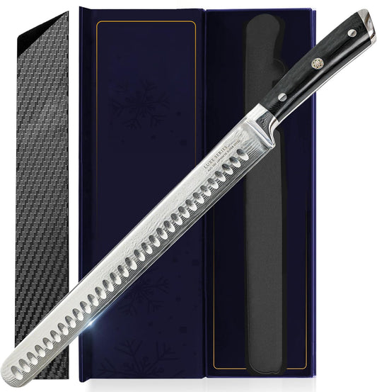 Luxury Brisket & Carving Knife - Thoughtful Gifts for Men and Dad - 12" Japanese AUS-10V Damascus Steel - 63+ HRC - Razor Sharp, Full Tang, Military Grade Ergonomic Handle
