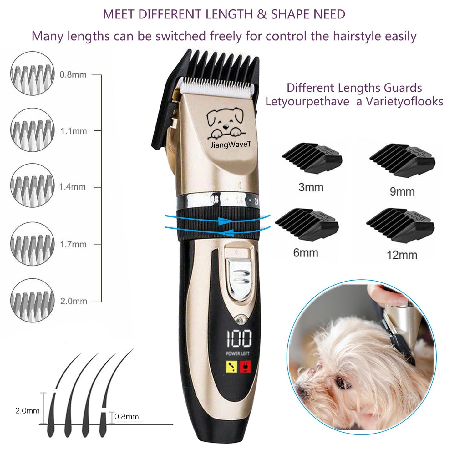 JiangWaveT Dogs Hair Trimmer, Dogs Shaver Clippers Grooming Kit - Low Noise Cordless Rechargeable Dog & Cat Horses Clippers, Heavy Duty, Quie