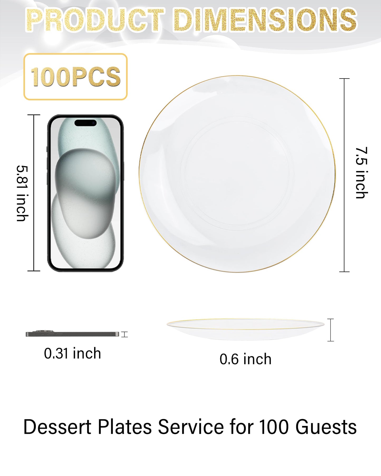 Nervure 100Pieces Clear and Gold Rim Plastic Plates - 7.5inch Disposabl Salad Dessert Plate - Clear and Gold Party Plates Ideal for Wedding & Party