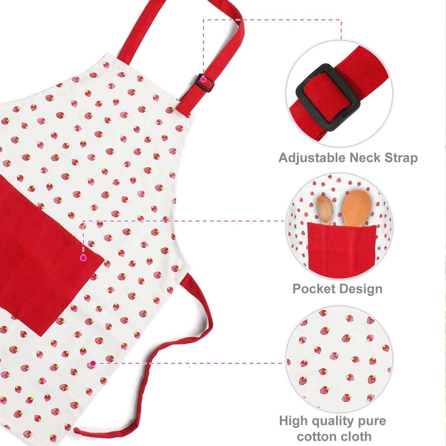 Jennice House Kids Apron Set with Chef Hat, Cute Child Baking Aprons with Adjustable Neck Strap and Pockets for Girls Boys Cooking Baking Painting Gardening in 2 Sizes (Red Strawberry, Large)