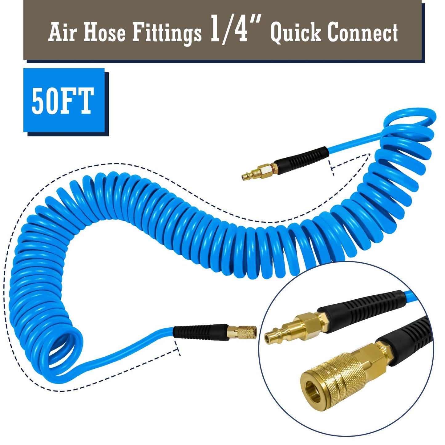 1/4 in x 50 ft Polyurethane Air Hose with Bend Restrictor, Air Compressor Hose with 1/4 Solid 100% Pure Copper Quick Connect Fittings and I/M Plug Kit, Coiled PU Air Hose 1/4", Blue