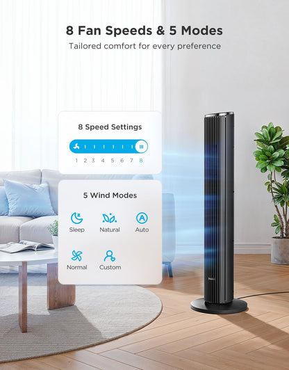 GoveeLife Black Tower Fan for Bedroom, 36" Smart Floor Fan with App/Voice Control, Temperature Sensor, 5 Modes 8 Speeds(25ft/s), 29dB Quiet Oscillating Fan for Office, 24H Timer, Auto Cooling