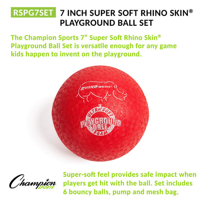 Champion Sports 7" Super Soft Playground Ball Set – RHINO Skin® Foam Inflatable Balls for Indoor & Outdoor Play Durable, Lightweight & Safe for All Ages, Set of 6 with Pump & Mesh Bag