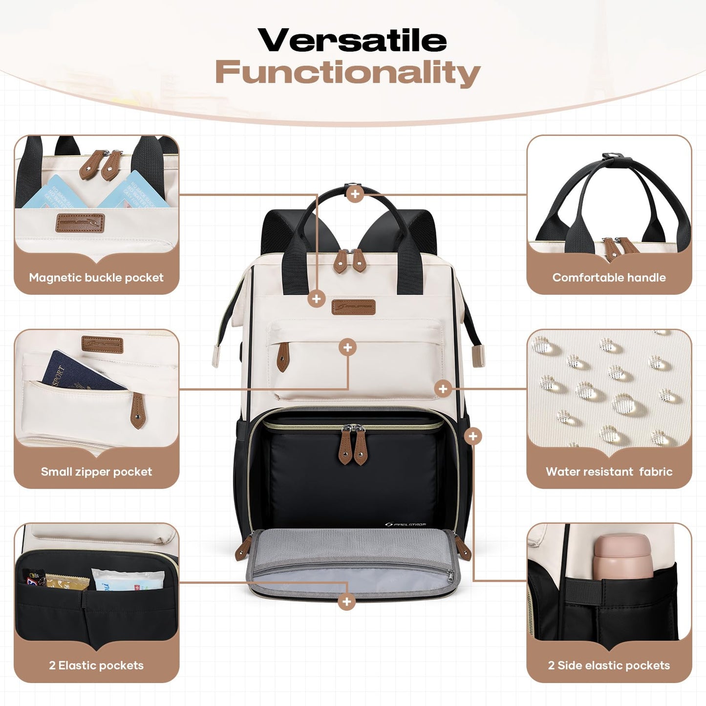 Maelstrom Travel Backpack for Women Men,Laptop Backpack Fits 15.6-17.3 Inch Laptop, Nurse/Teacher/Work Bag with Insulated Lunch Box,Water Resistant Carry On Backpack,Black-Beige