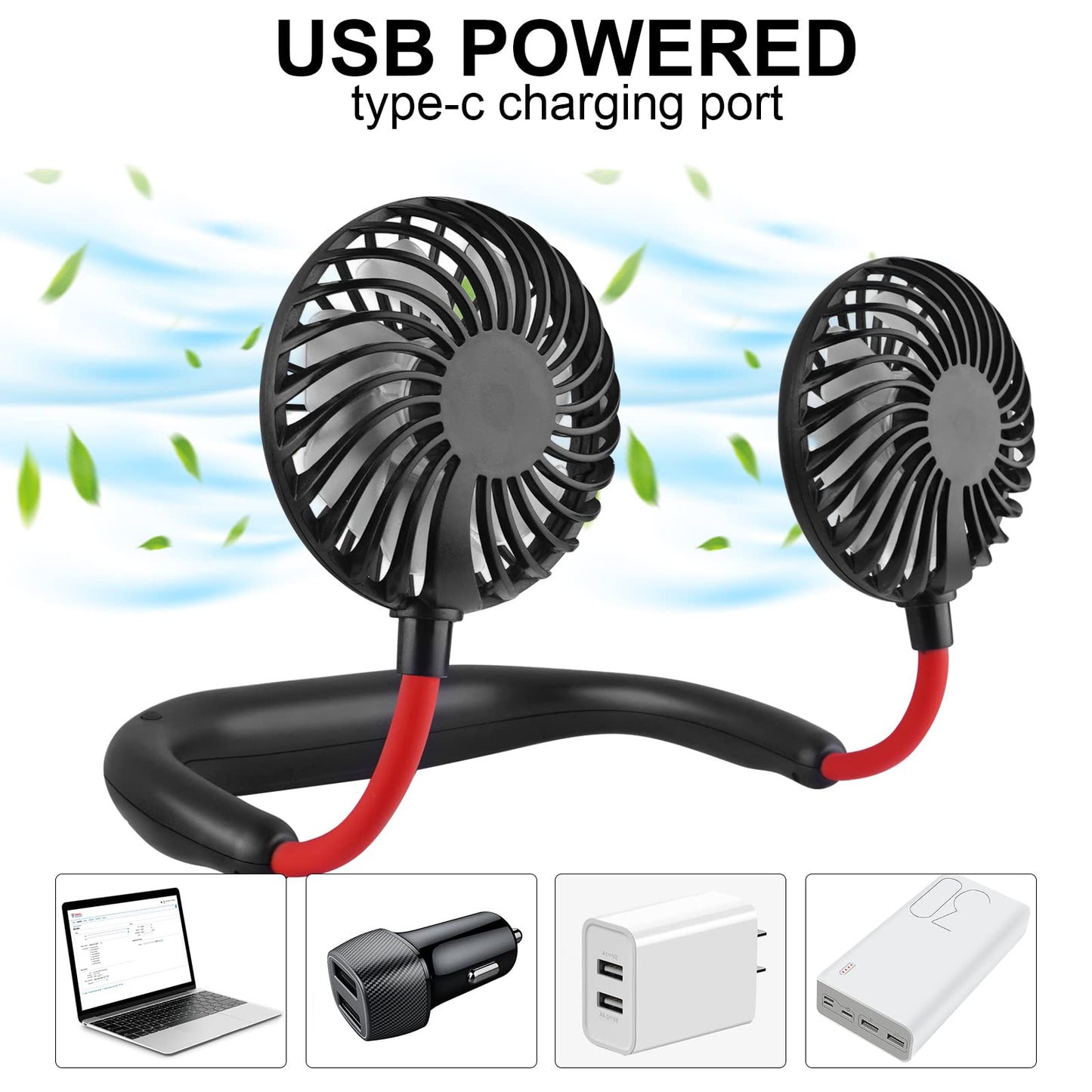Portable Neck Fan 2500 mAh Rechargeable USB Hands-Free Mini Face Cooling Personal Double Headed Rotatable Small Fan for Working Office Reading Traveling Outdoor Sport