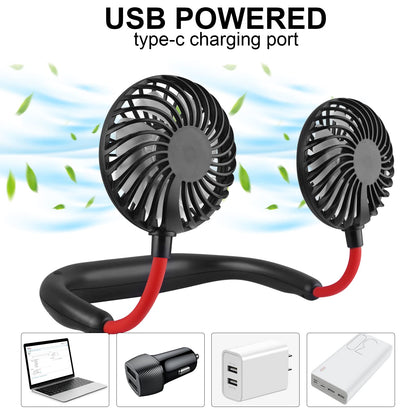 Portable Neck Fan 2500 mAh Rechargeable USB Hands-Free Mini Face Cooling Personal Double Headed Rotatable Small Fan for Working Office Reading Traveling Outdoor Sport