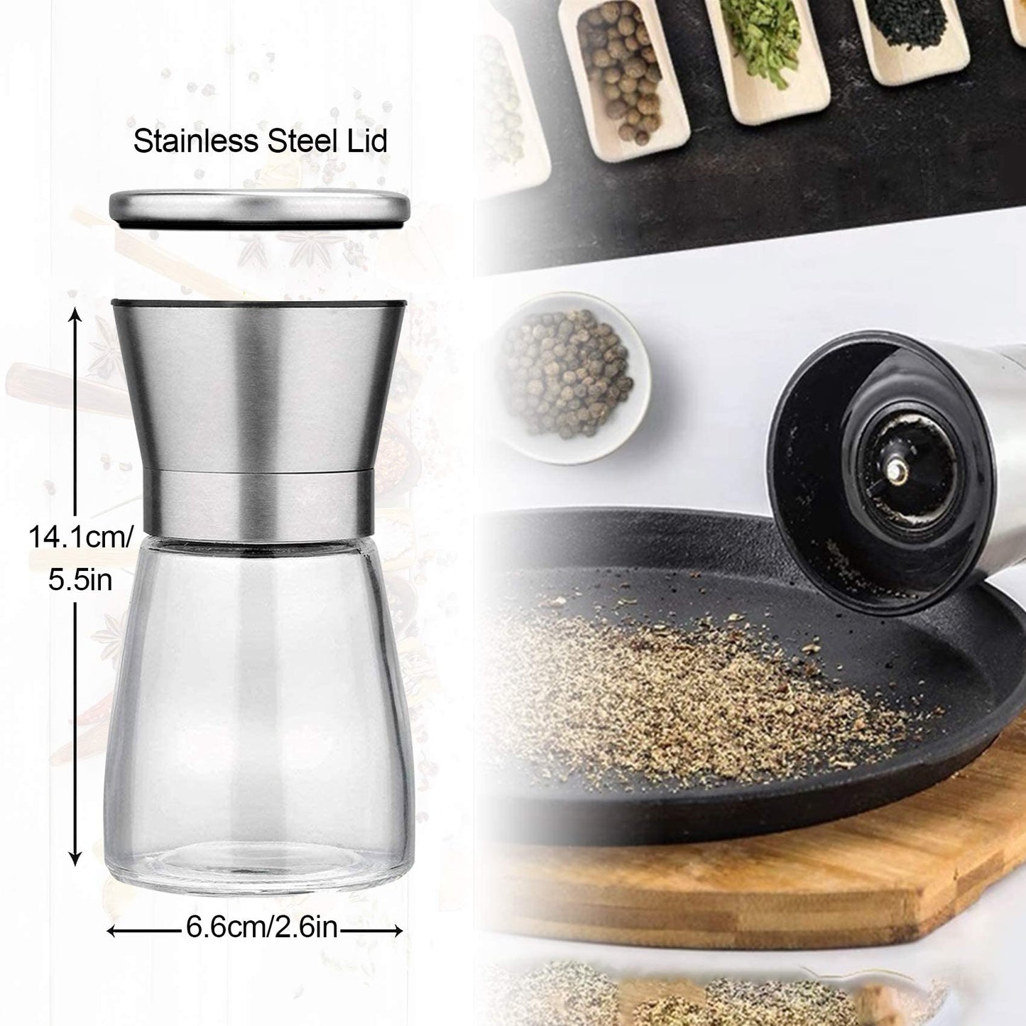 LessMo Salt and Pepper Grinder Set with Wooden Standing Tray, Refillable Pepper Mill Set - Brushed Stainless Steel - Short Glass Shakers with Adjustable Coarseness for Peppercorn, Salt or Spice Mills