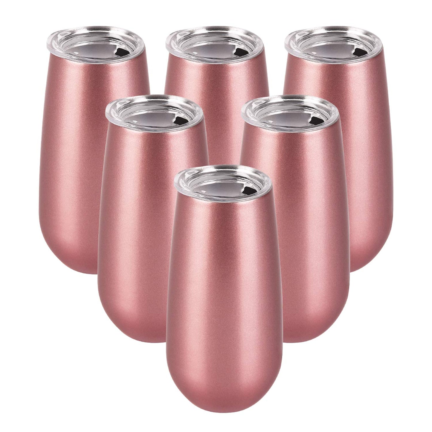 Lifecapido 6 Pack Stemless Double Insulated Champagne Flute Tumbler with Lid, 6 Oz Unbreakable Reusable Cocktail Champagne Toasting Glasses, Good Gift for Friends Family Christmas Birthday, Rose Gold