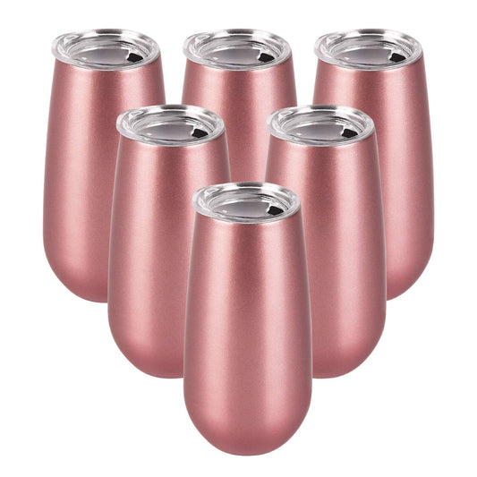 Lifecapido 6 Pack Stemless Double Insulated Champagne Flute Tumbler with Lid, 6 Oz Unbreakable Reusable Cocktail Champagne Toasting Glasses, Good Gift for Friends Family Christmas Birthday, Rose Gold