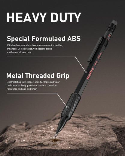 Nicpro 0.9 Metal Mechanical Pencil Set with Case, 3PCS Hevey Duty MP2000 Lead Pencil With 6 Tube HB Lead Refills 0.9mm, Erasers, Weatherproof Barrel for Outdoor Writing Drafting Drawing Sketching