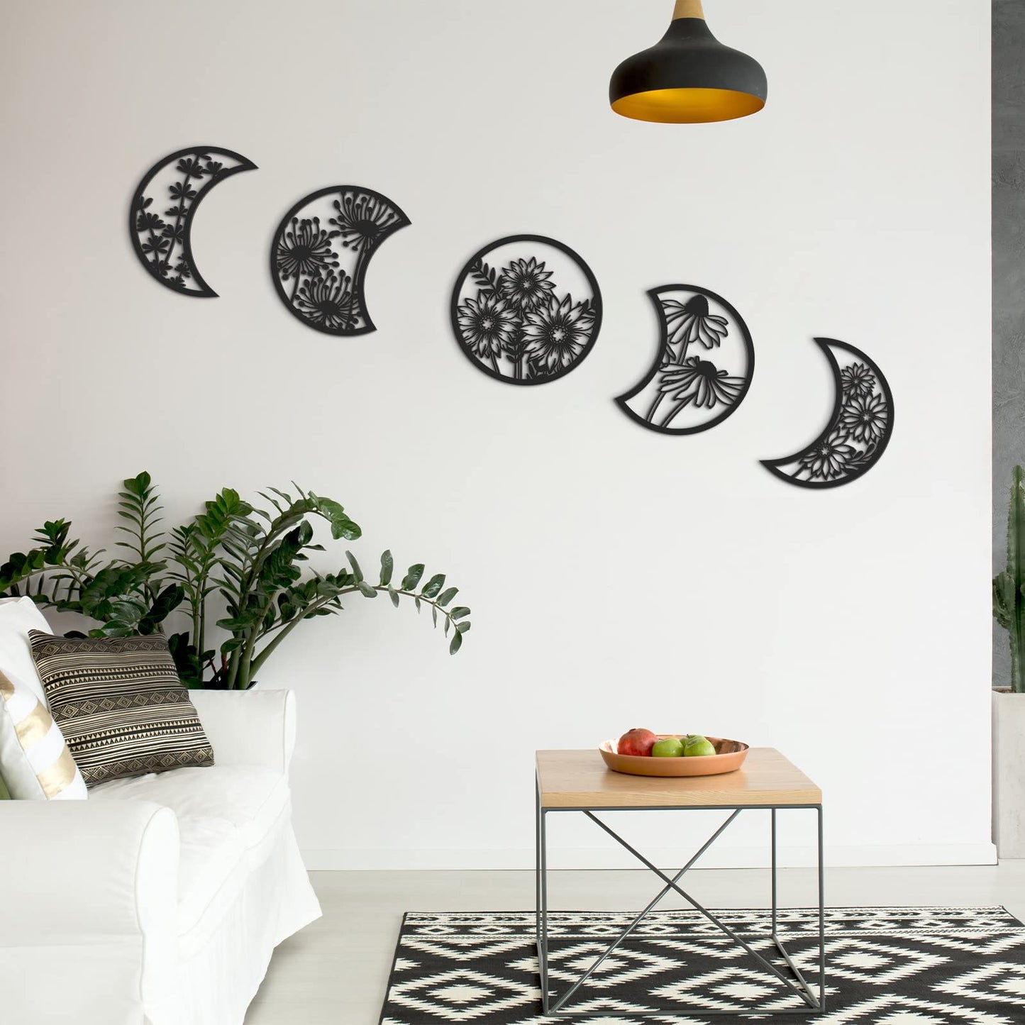 Jetec 5 Pcs Moon Phase Wall Hanging Decor Art Above Bed Boho Moon Phase Nordic Wood Wall Pediment Ornament for Living Room Bedroom Home Decoration Room Apartment Bar(Black)