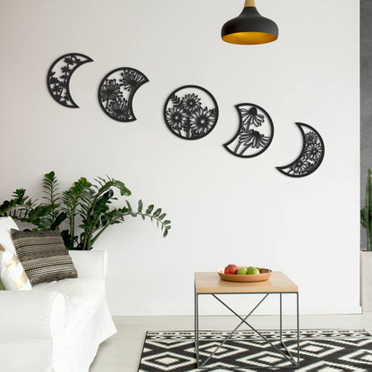 Jetec 5 Pcs Moon Phase Wall Hanging Decor Art Above Bed Boho Moon Phase Nordic Wood Wall Pediment Ornament for Living Room Bedroom Home Decoration Room Apartment Bar(Black)