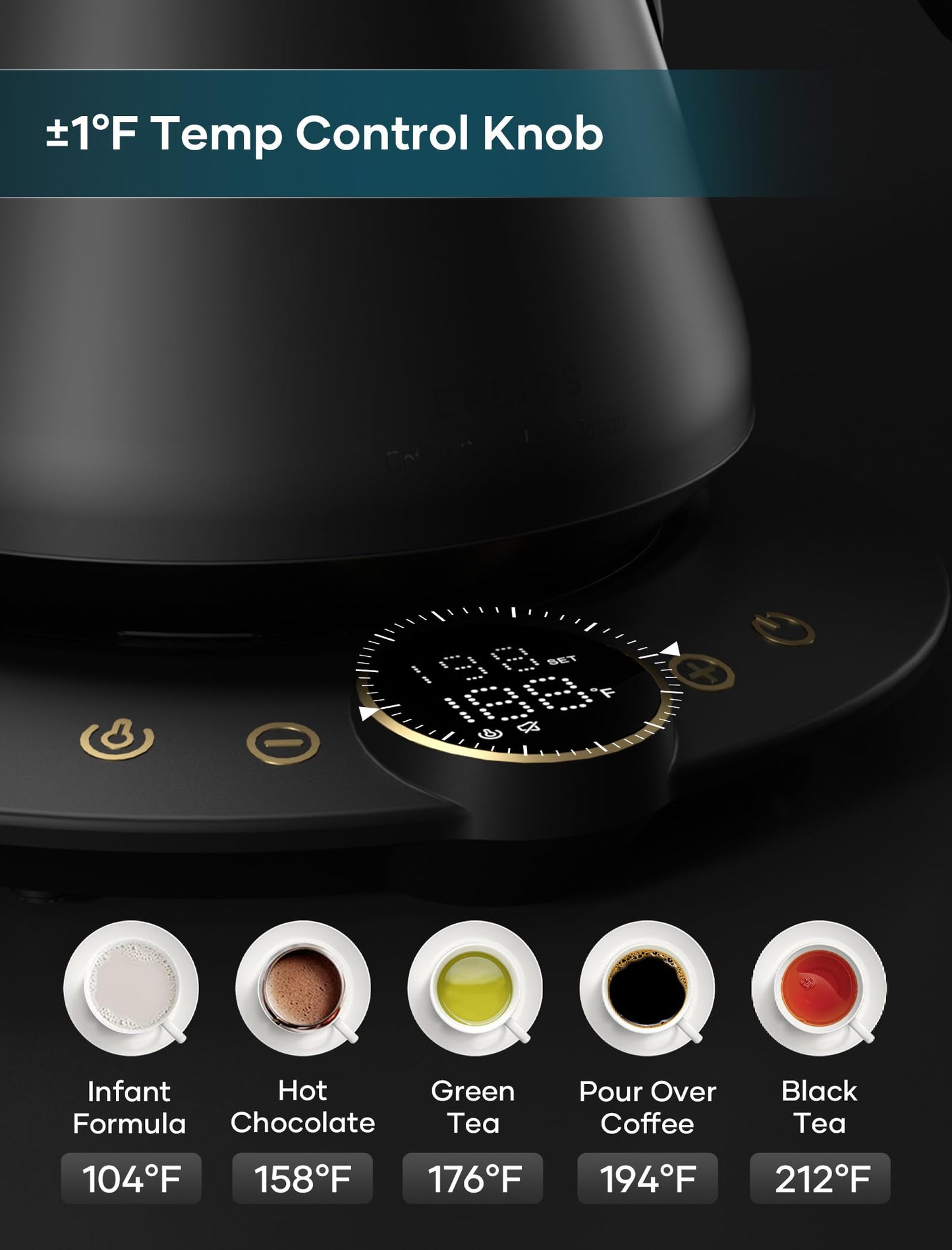 INTASTING Electric Kettles, Gooseneck Electric Kettle, ±1℉ Temperature Control, Stainless Steel Inner, Quick Heating for Pour Over Coffee, Brew Tea, Boil Hot Water, 1500W/0.9L (Ebony Black)