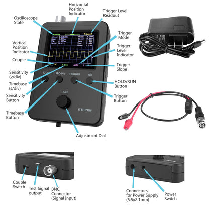 ETEPON Digital Oscilloscope Kit with BNC-Clip Cable Probe with Power Supply, (Assembled Finished Machine) EM001